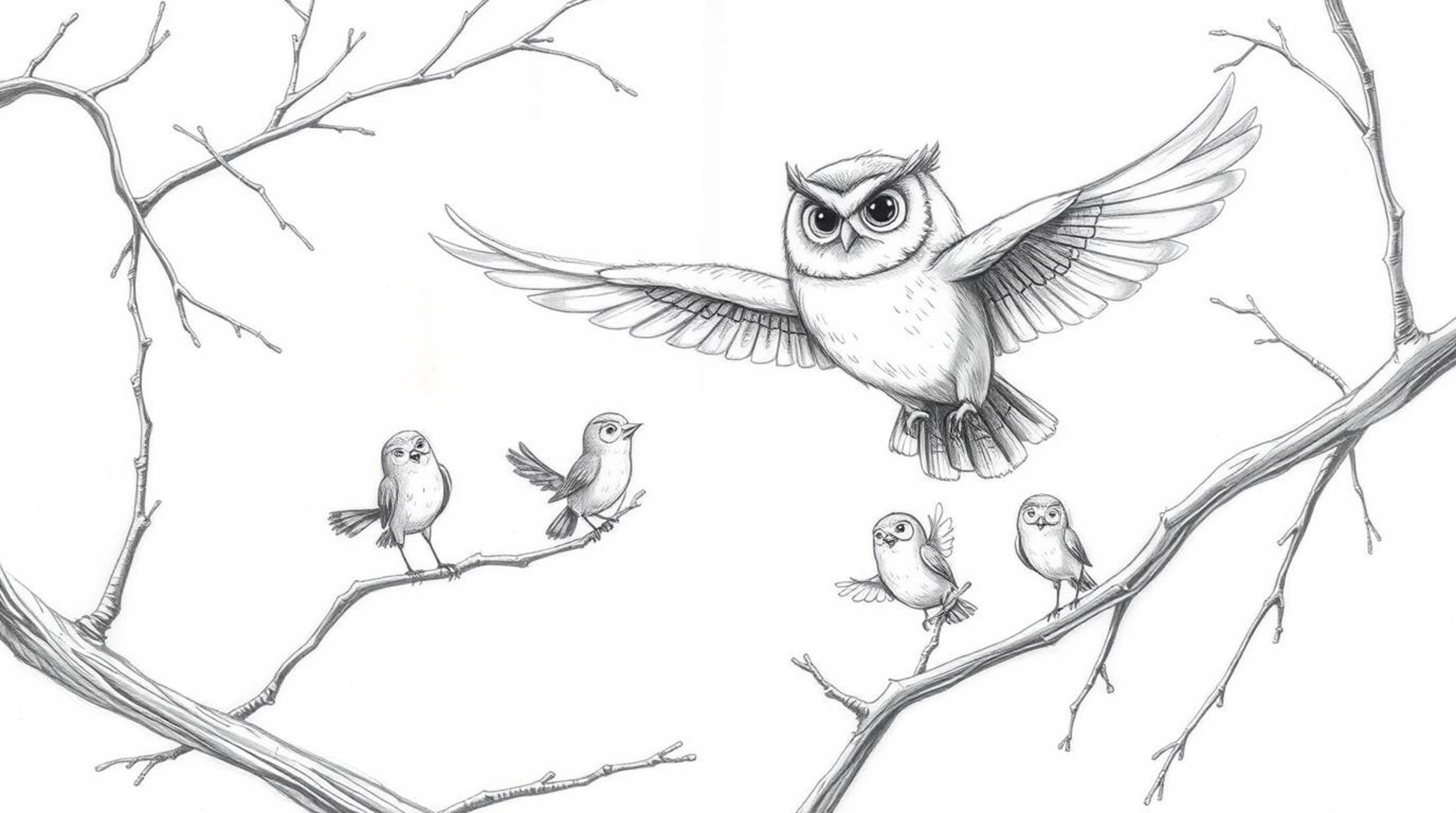 A charming pencil sketch in the style of Pixar depicts a blind owl with a gentle expression gliding gracefully through tree b
