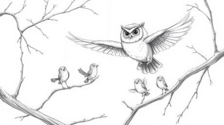 A charming pencil sketch in the style of Pixar depicts a blind owl with a gentle expression gliding gracefully through tree b