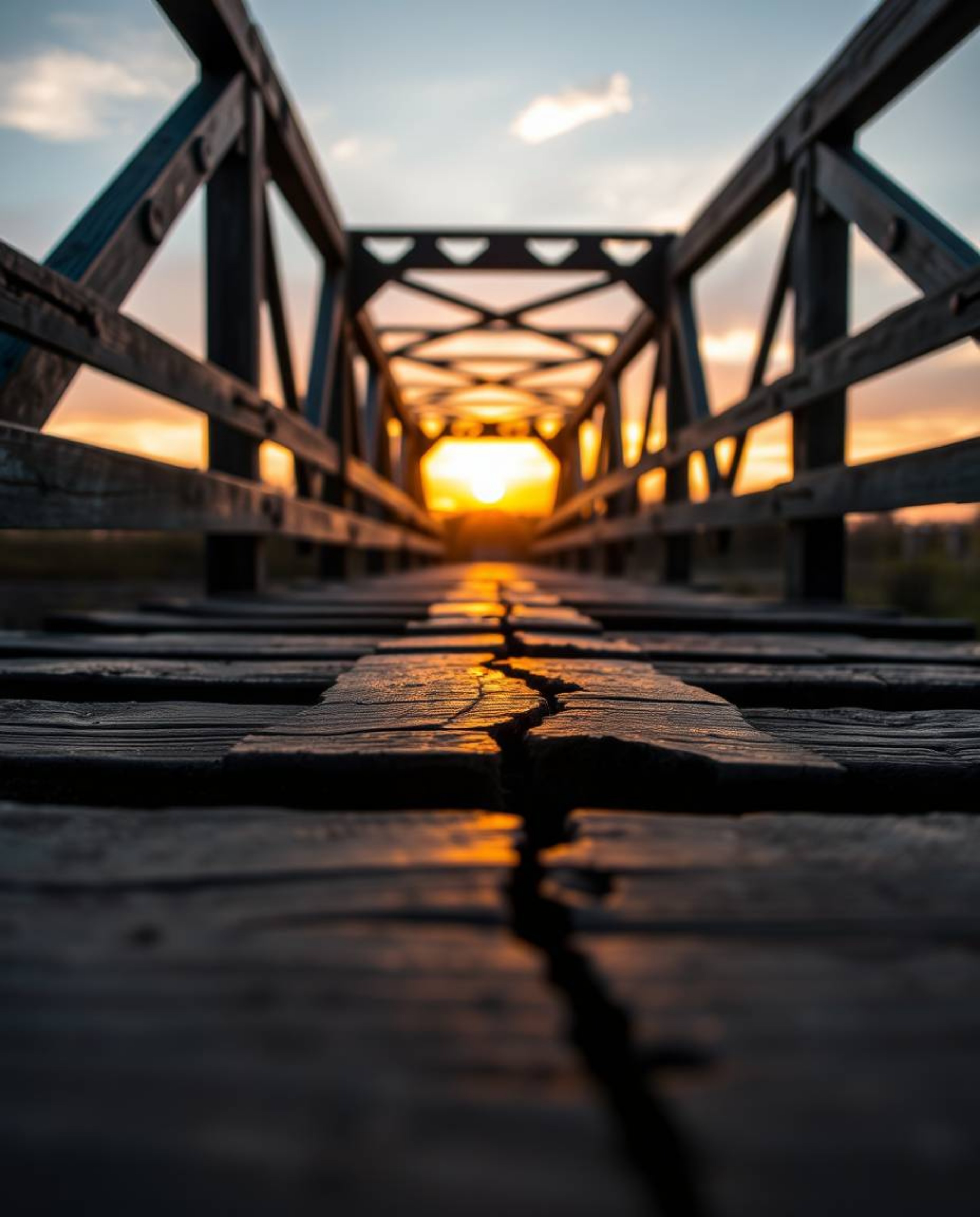 This is a close-up shot of an old wooden bridge at sunset, highlighting its distinct split cast bronze surface. The image fea