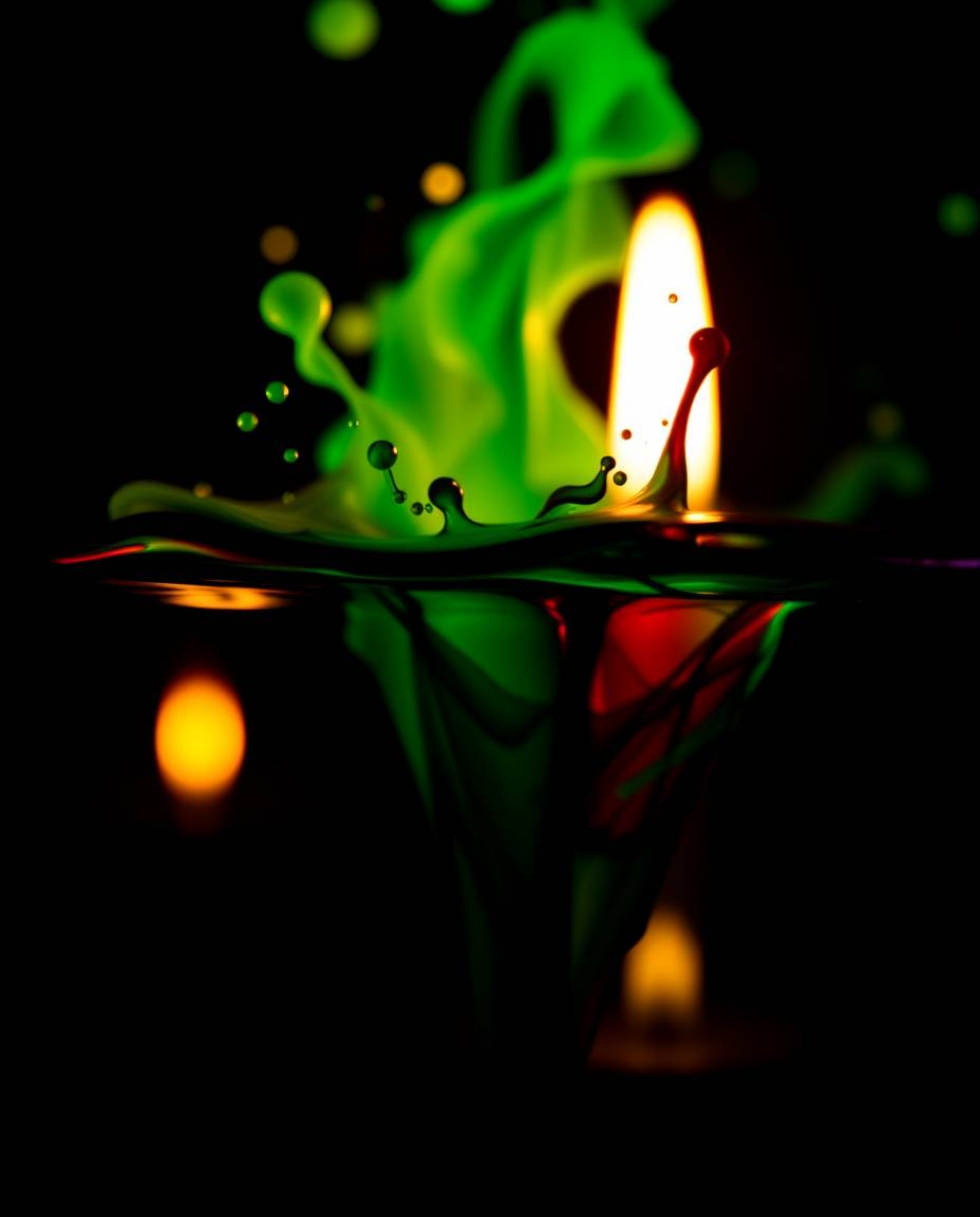 A captivating macro photograph showcasing vibrant ink splashes in water against a dramatic jet black backdrop.  The image fea