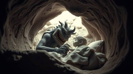 A captivating clay animation depicting an unlikely friendship between a child and a monster hiding under a bed.  The artwork 
