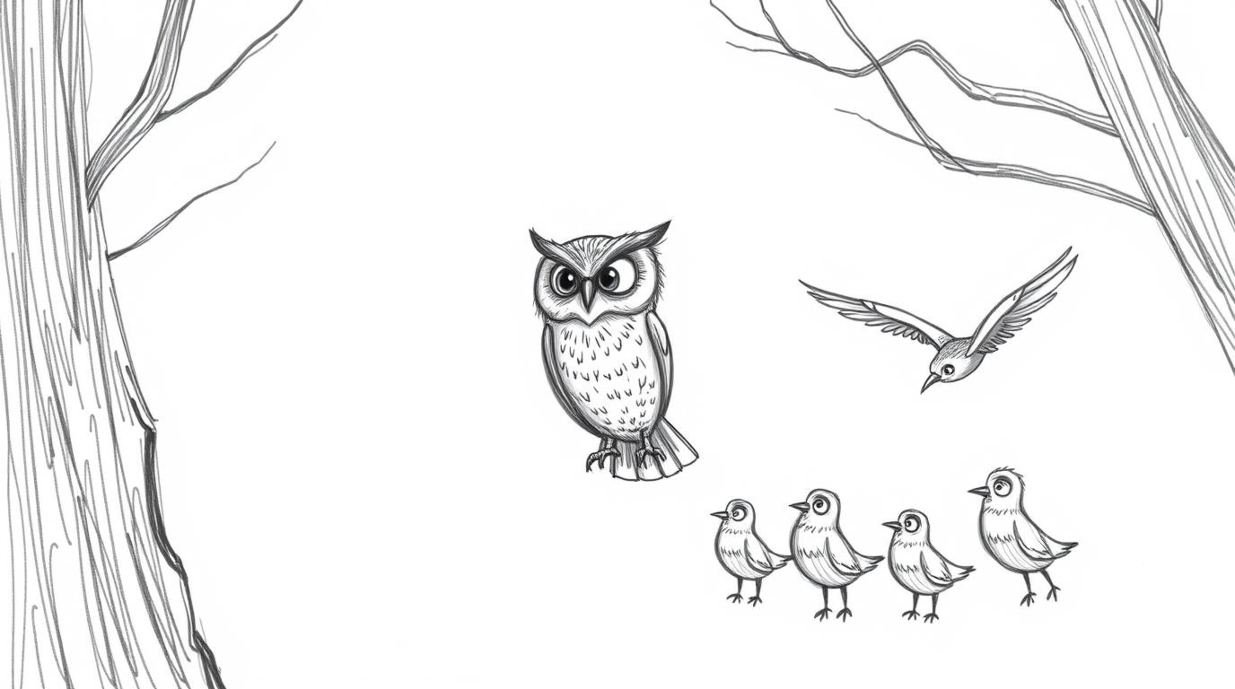 A heartwarming hand-drawn sketch in the style of Pixar depicts a wise, blind owl patiently guiding a flock of birds through f