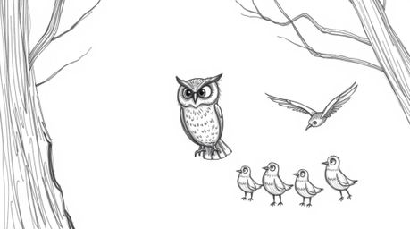 A heartwarming hand-drawn sketch in the style of Pixar depicts a wise, blind owl patiently guiding a flock of birds through f