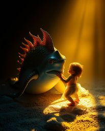 A captivating image showcasing a sea creature and a child, rendered in high contrast, low-key lighting with a warm golden glo