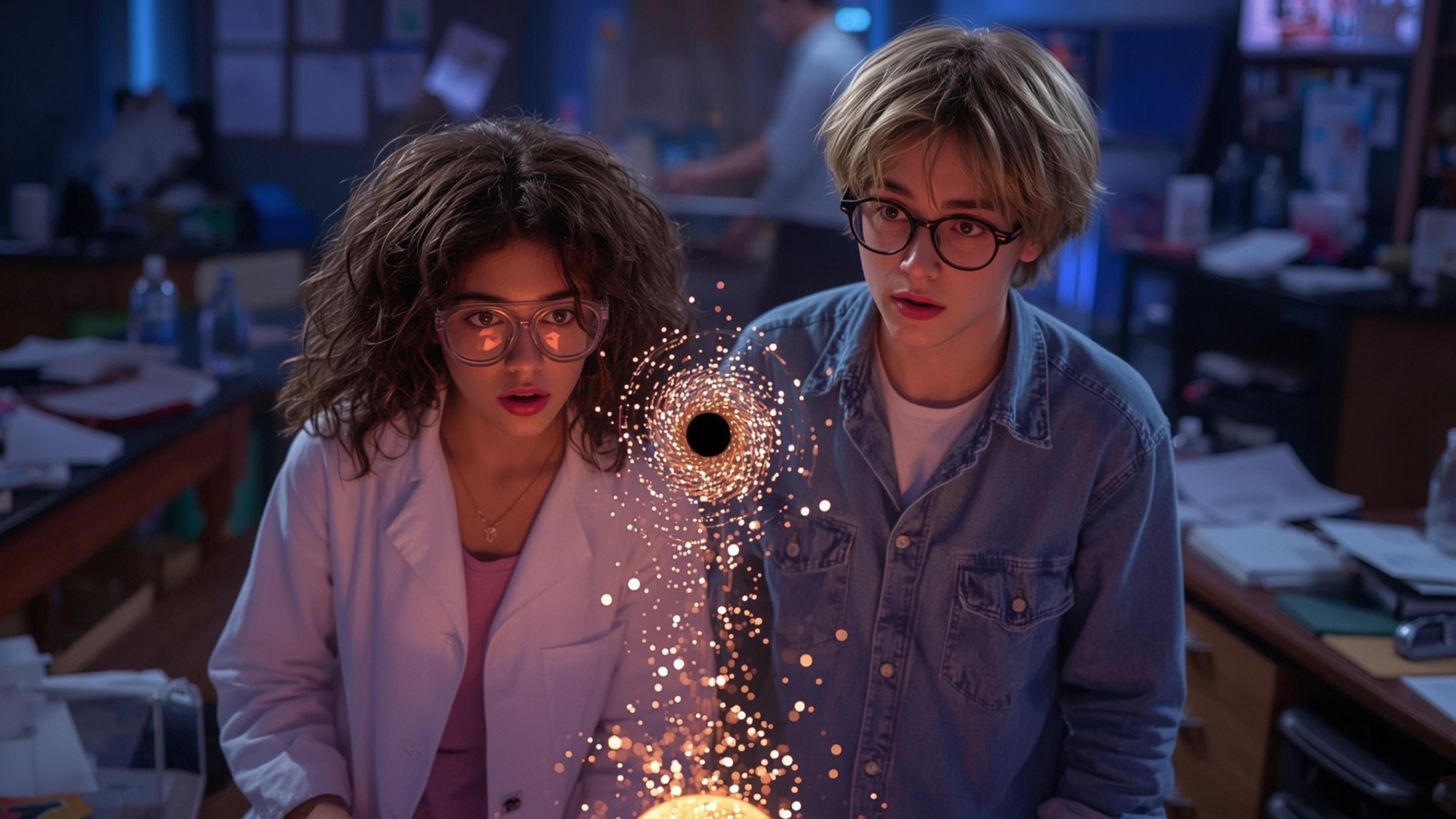 A vibrant, high-contrast photograph, reminiscent of Pixar's signature style, captures the astonished expressions of a diverse