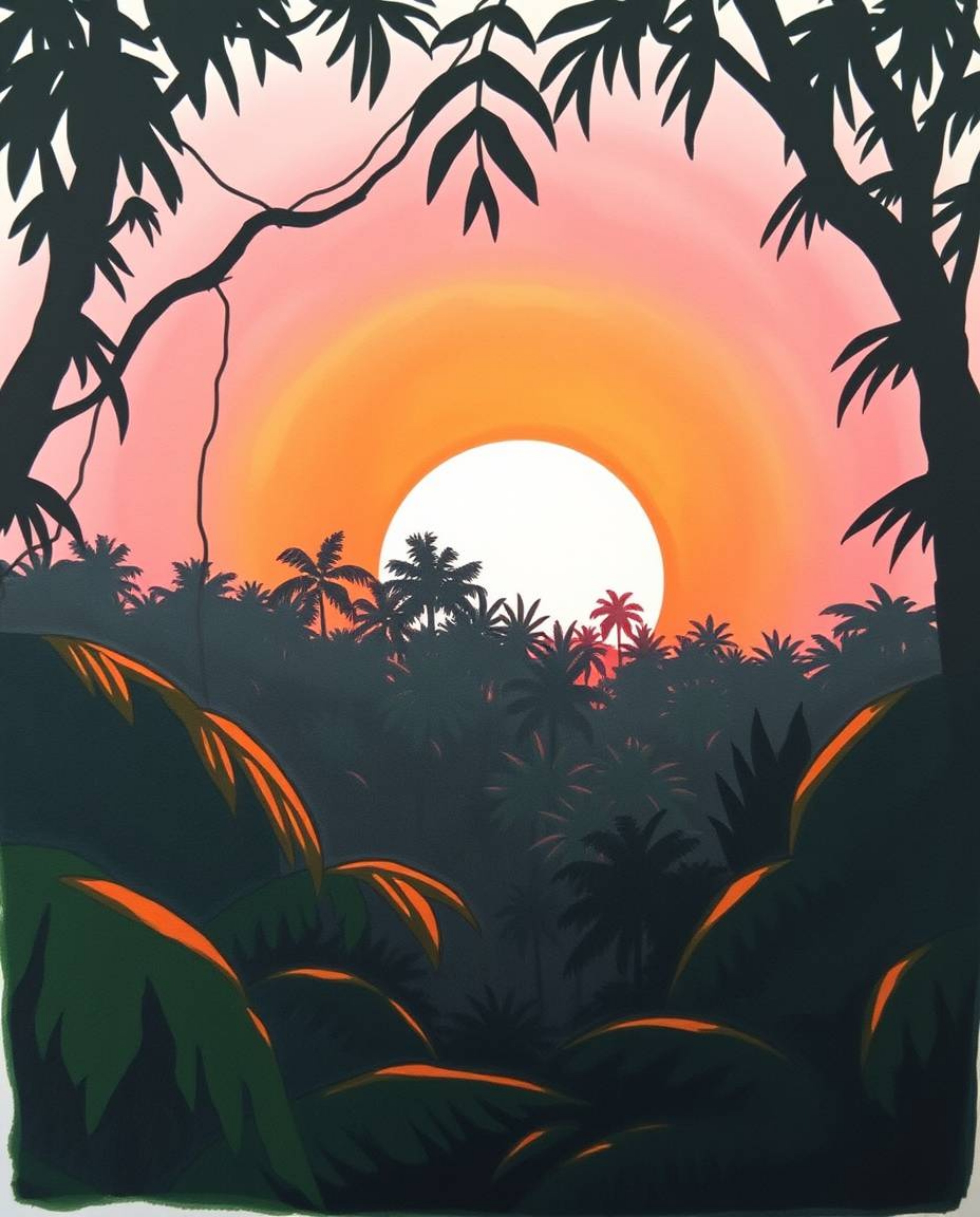 A hand-drawn color sketchnote depicts a silhouetted scene of a sunset viewed through a dense jungle canopy. The artwork empha