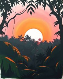 A hand-drawn color sketchnote depicts a silhouetted scene of a sunset viewed through a dense jungle canopy. The artwork empha