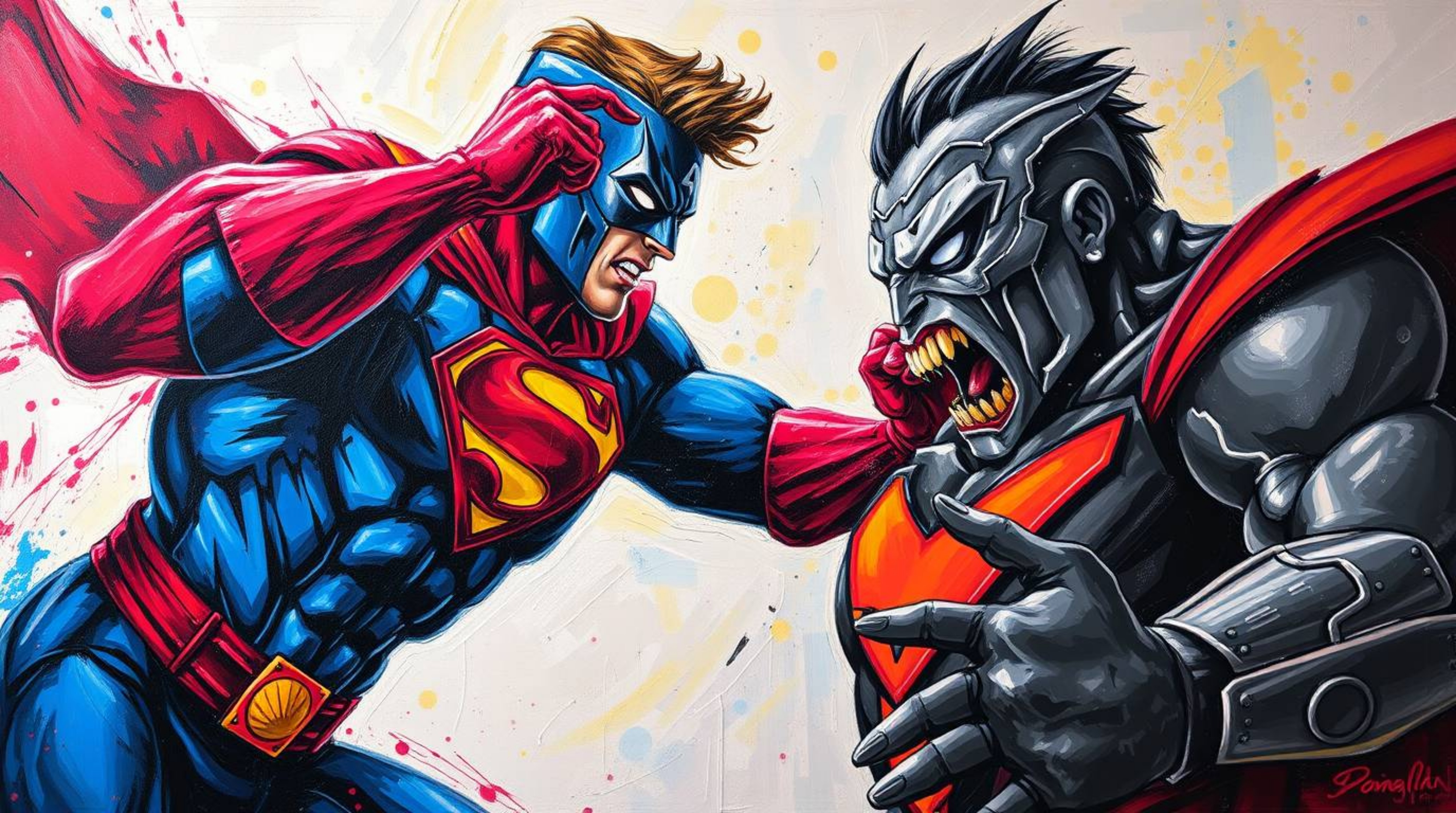 This bold acrylic painting captures a dynamic scene of a superhero engaged in battle with a silly villain. The vibrant colors