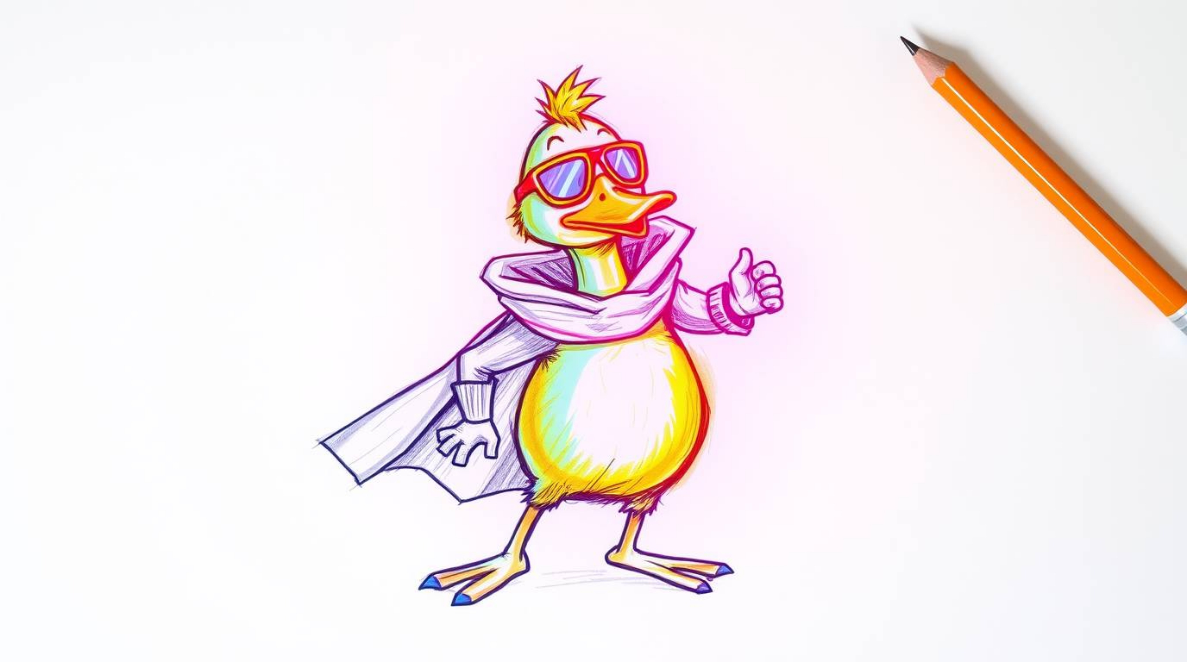 A hand-drawn sketch depicting a duck superhero in a zany and outlandish costume, brought to life with glowing bioluminescent 