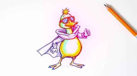 A hand-drawn sketch depicting a duck superhero in a zany and outlandish costume, brought to life with glowing bioluminescent 