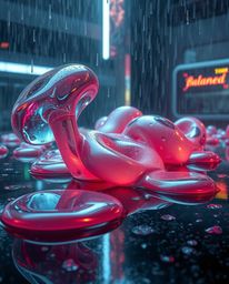 Explore a hyperrealistic depiction of a wet, rainy scene set in a surreal sci-fi environment. Featuring mesmerizing 3D fluid 