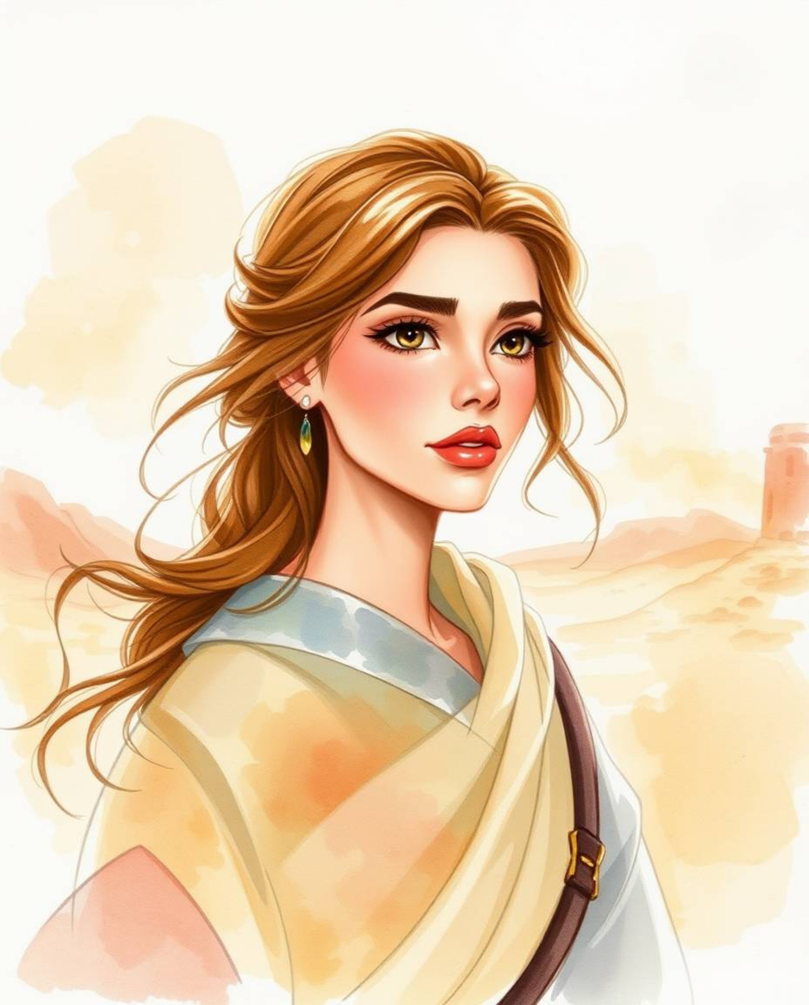 Experience the allure of a graceful, elegant Disney-style hero embarking on a desert adventure in this delicate watercolor pa