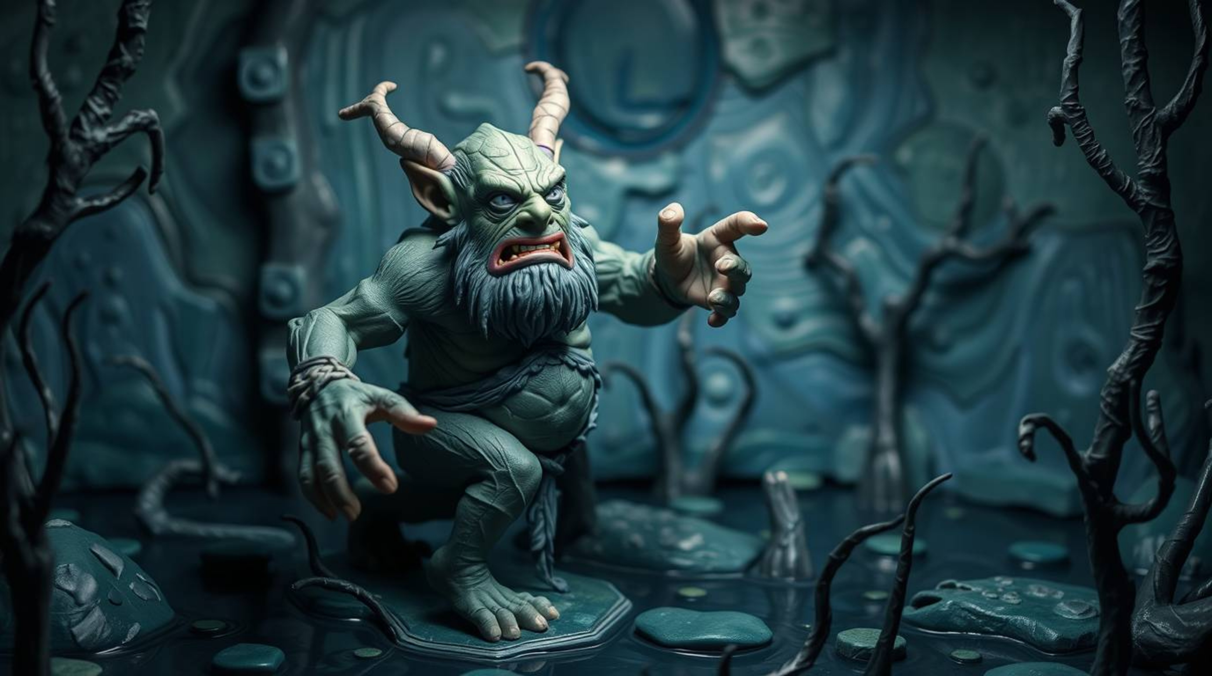 A captivating clay sculpture depicts an ogre performing a lively dance within a swampy environment.  The artwork utilizes a c