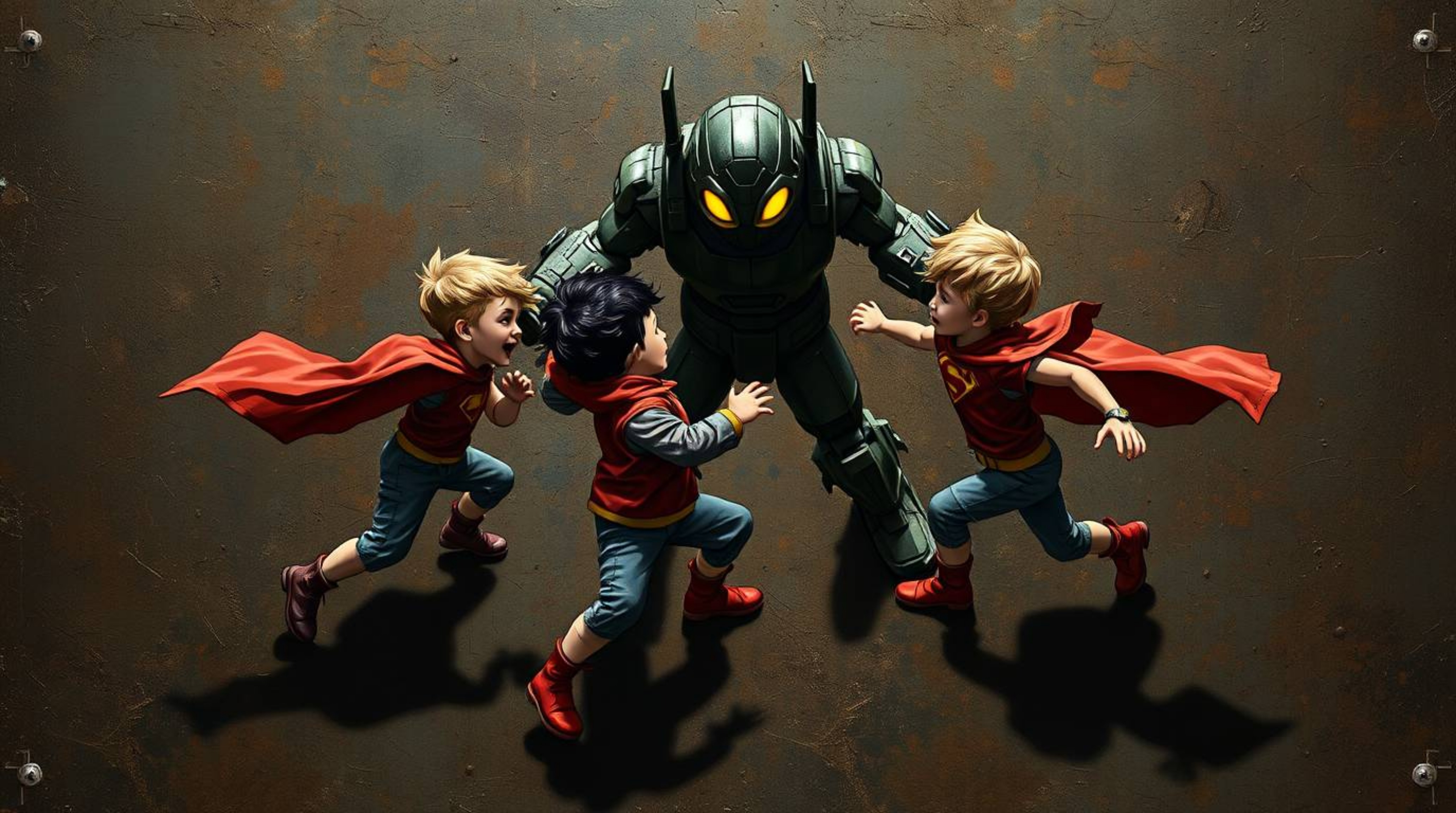 This digital illustration depicts a thrilling battle between three superpowered children and a formidable robot. Rendered in 