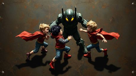 This digital illustration depicts a thrilling battle between three superpowered children and a formidable robot. Rendered in 