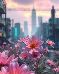 Imagine vibrant, iridescent flowers blooming amidst the ruins of a post-apocalyptic city.  A soft, dreamy atmosphere pervades