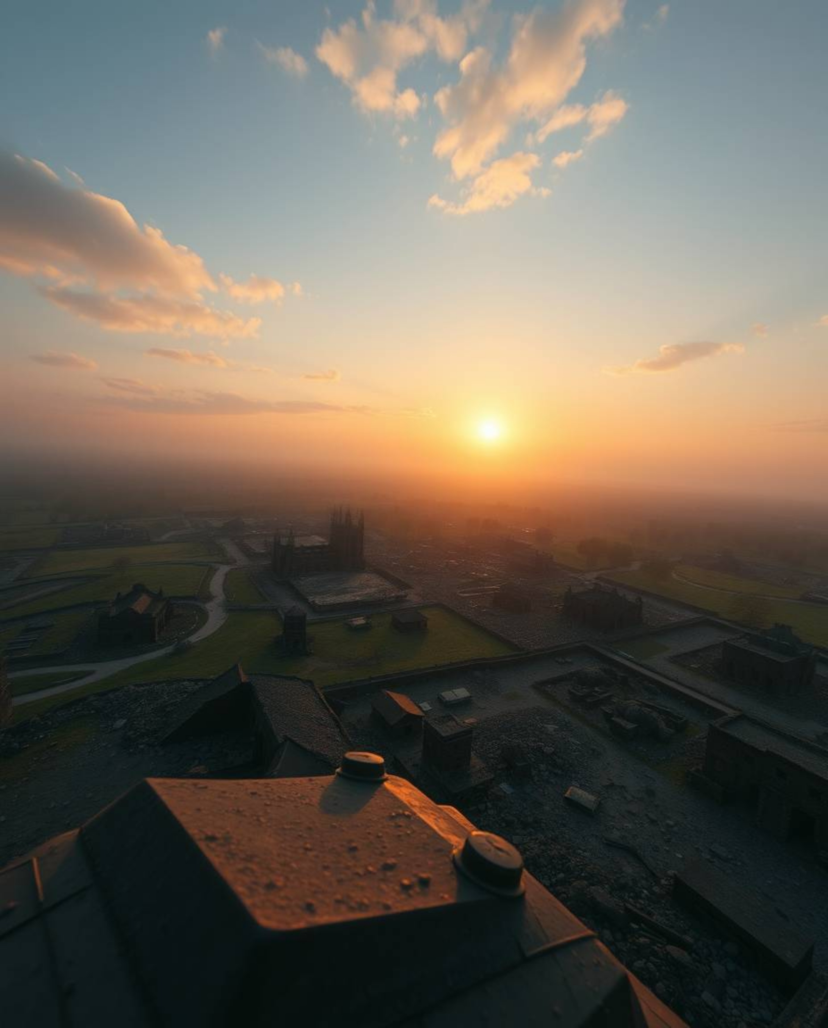 A captivating high-angle shot depicts a sunrise casting a bronze, antique patina over a war-ravaged landscape. The elevated v