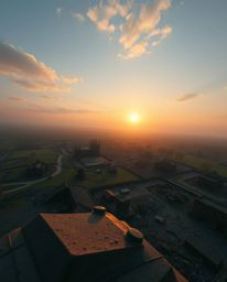 A captivating high-angle shot depicts a sunrise casting a bronze, antique patina over a war-ravaged landscape. The elevated v