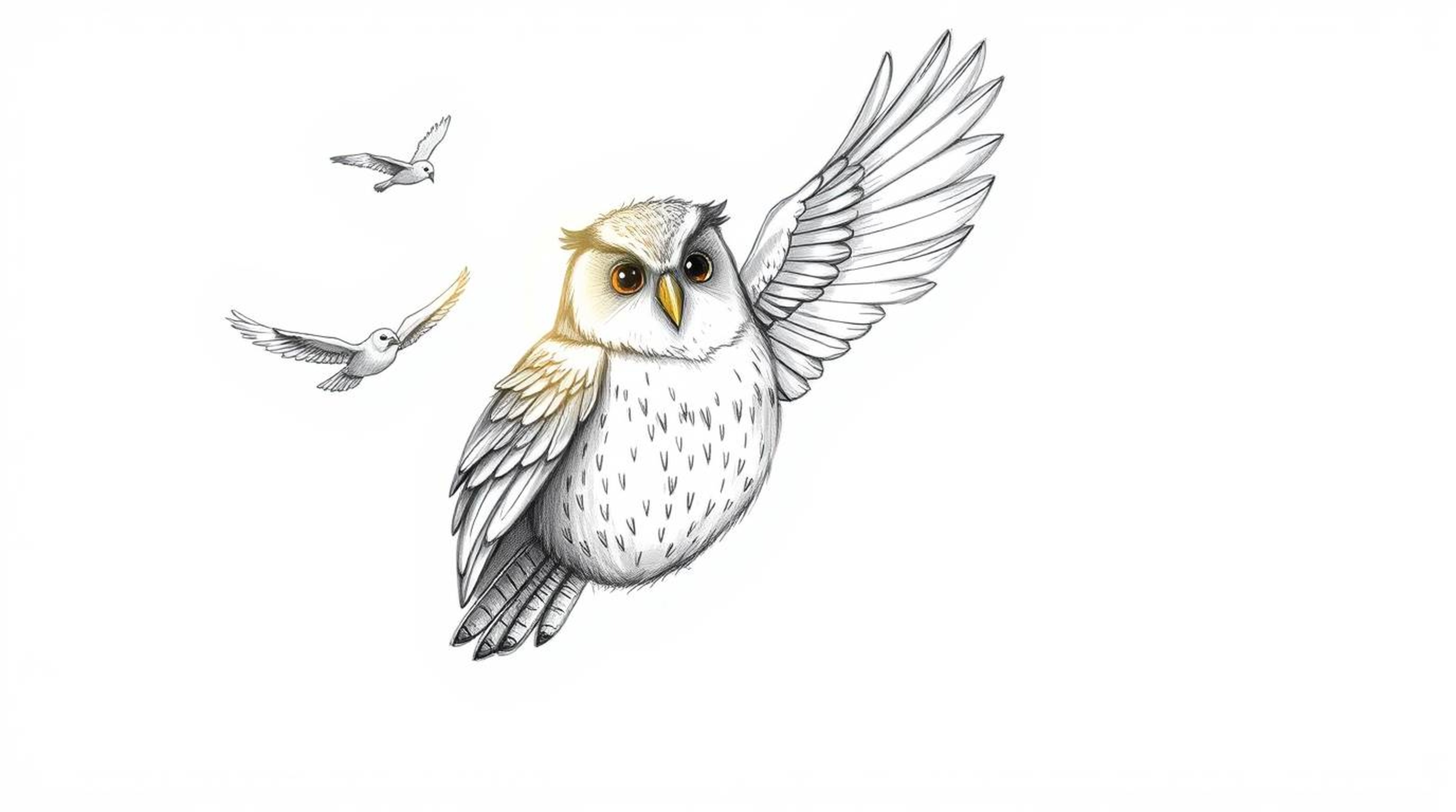 A Pixar-style hand-drawn sketch depicts a blind owl teaching birds how to fly.  The sunbeam-lit feathers glow with intricate 