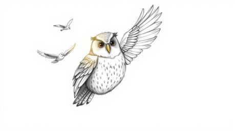 A Pixar-style hand-drawn sketch depicts a blind owl teaching birds how to fly.  The sunbeam-lit feathers glow with intricate 