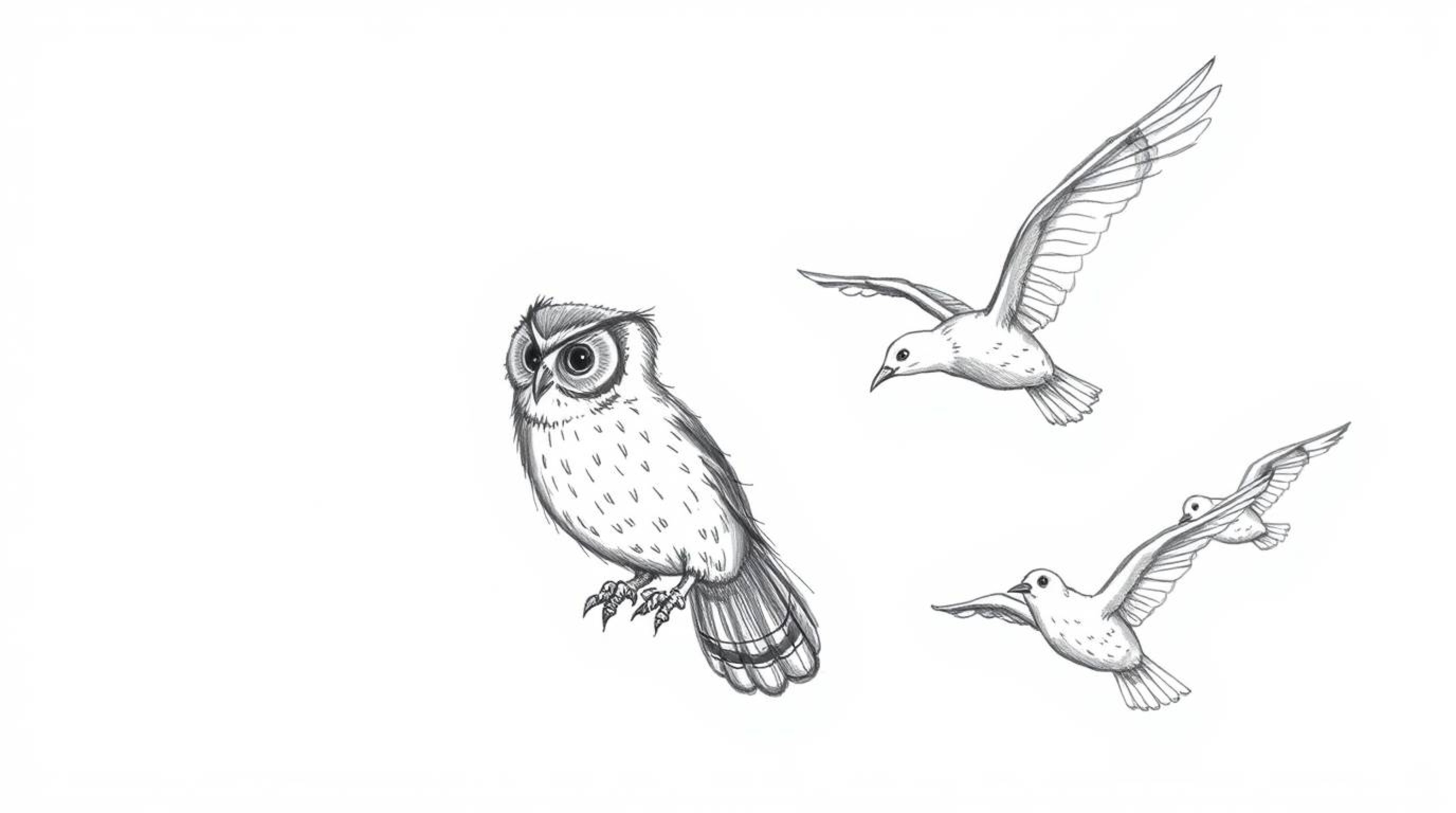 A Pixar-esque, hand-drawn sketch depicts a remarkable scene: a blind owl skillfully guiding birds in synchronized flight. The