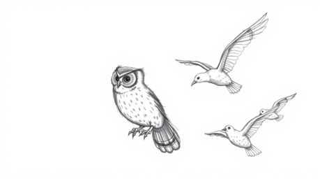 A Pixar-esque, hand-drawn sketch depicts a remarkable scene: a blind owl skillfully guiding birds in synchronized flight. The