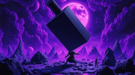 A surreal image capturing the impending doom of an anvil about to fall on a trickster character. Rendered in deep ultraviolet