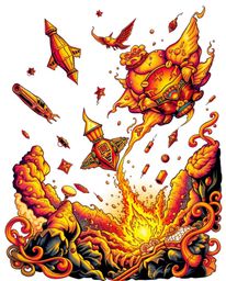 This vibrant retro-styled traditional tattoo art print captures a surreal storm with flying objects defying broken gravity. B