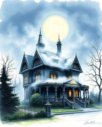 A captivating hand-drawn color sketchnote depicts a fog-covered Victorian mansion bathed in the ethereal glow of moonlight. T