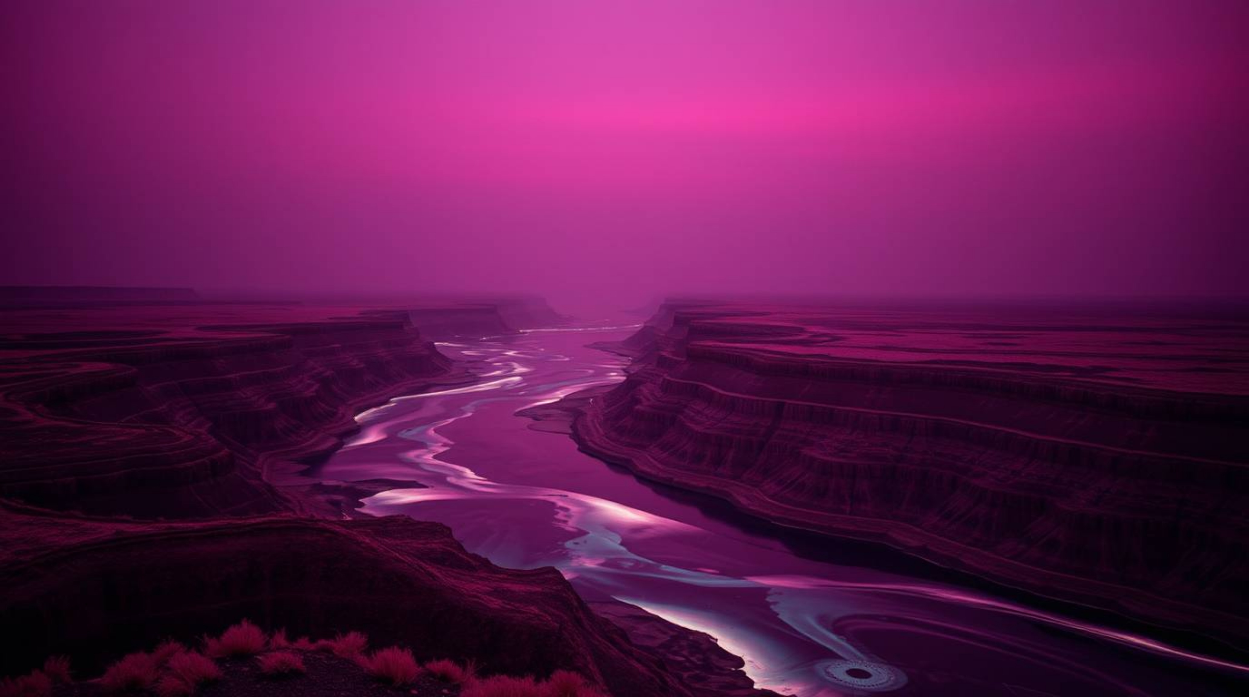 Experience a surreal scene of a river delta bathed in the ethereal glow of twilight colors. This image showcases infrared ton