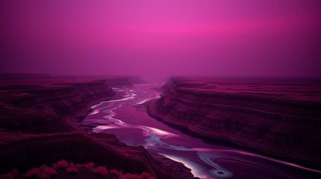 Experience a surreal scene of a river delta bathed in the ethereal glow of twilight colors. This image showcases infrared ton