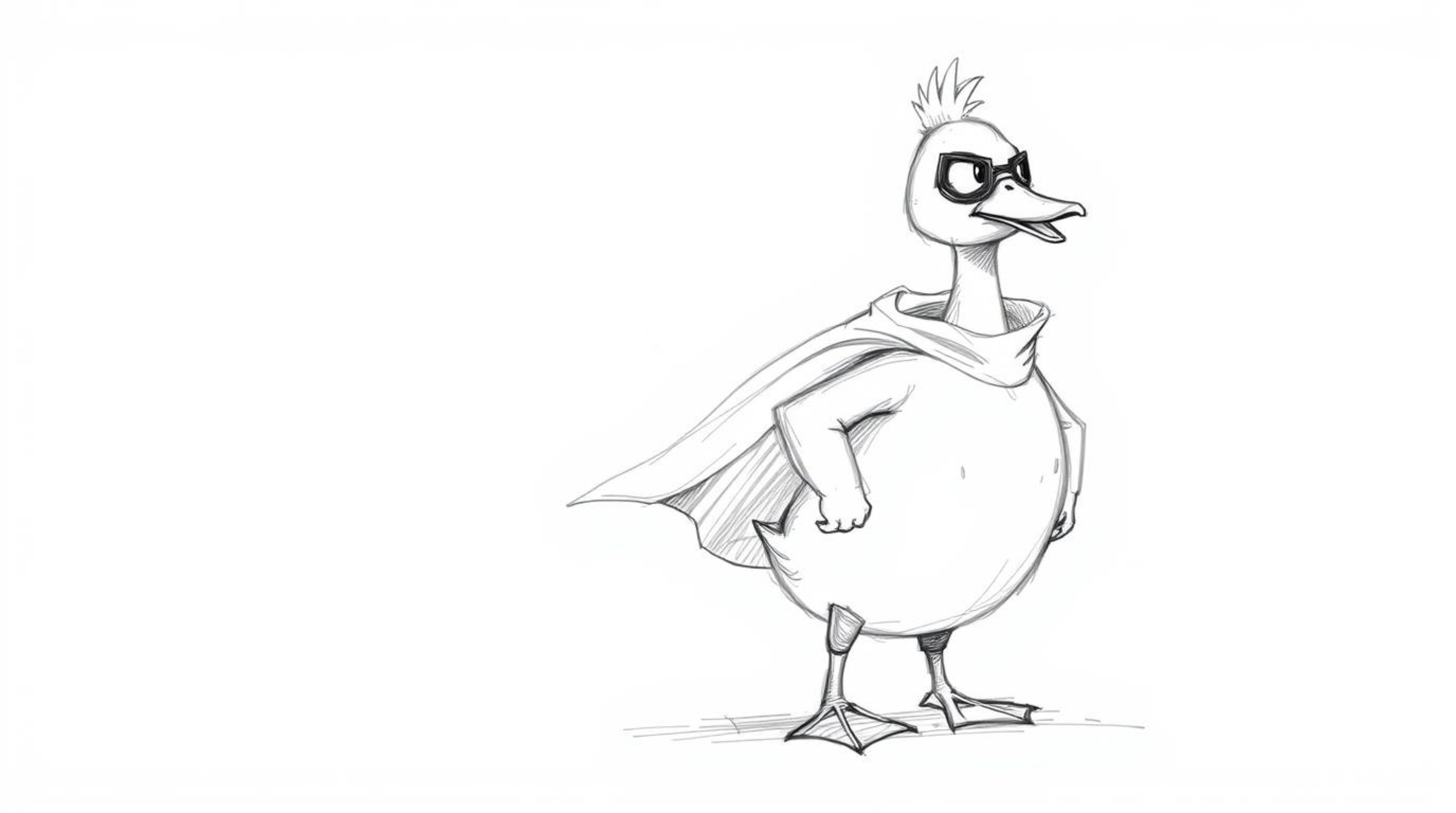 This artwork features a hand-drawn sketch of a duck playfully dressed in a zany superhero costume. The piece is characterized