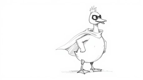 This artwork features a hand-drawn sketch of a duck playfully dressed in a zany superhero costume. The piece is characterized