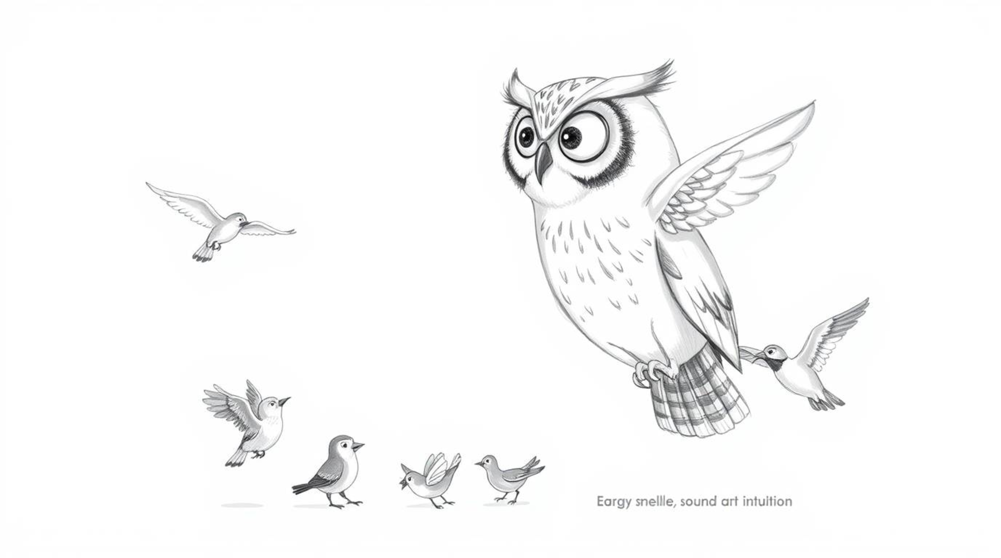 A heartwarming Pixar-inspired sketch showcases a blind owl with delicate, textured pencil strokes, set against a clean white 