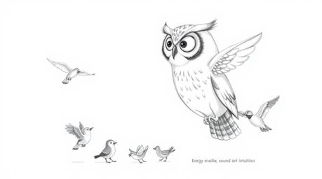 A heartwarming Pixar-inspired sketch showcases a blind owl with delicate, textured pencil strokes, set against a clean white 