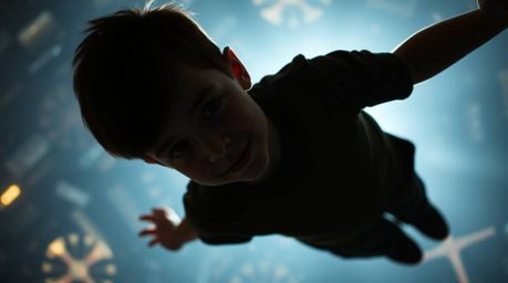 A captivating image of a young boy with light skin, silhouetted against a bright light source, soaring above London with the 