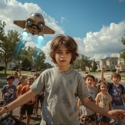 A captivating high-fashion photograph in the style of Pixar depicts a young boy with messy brown hair, wearing a faded astron