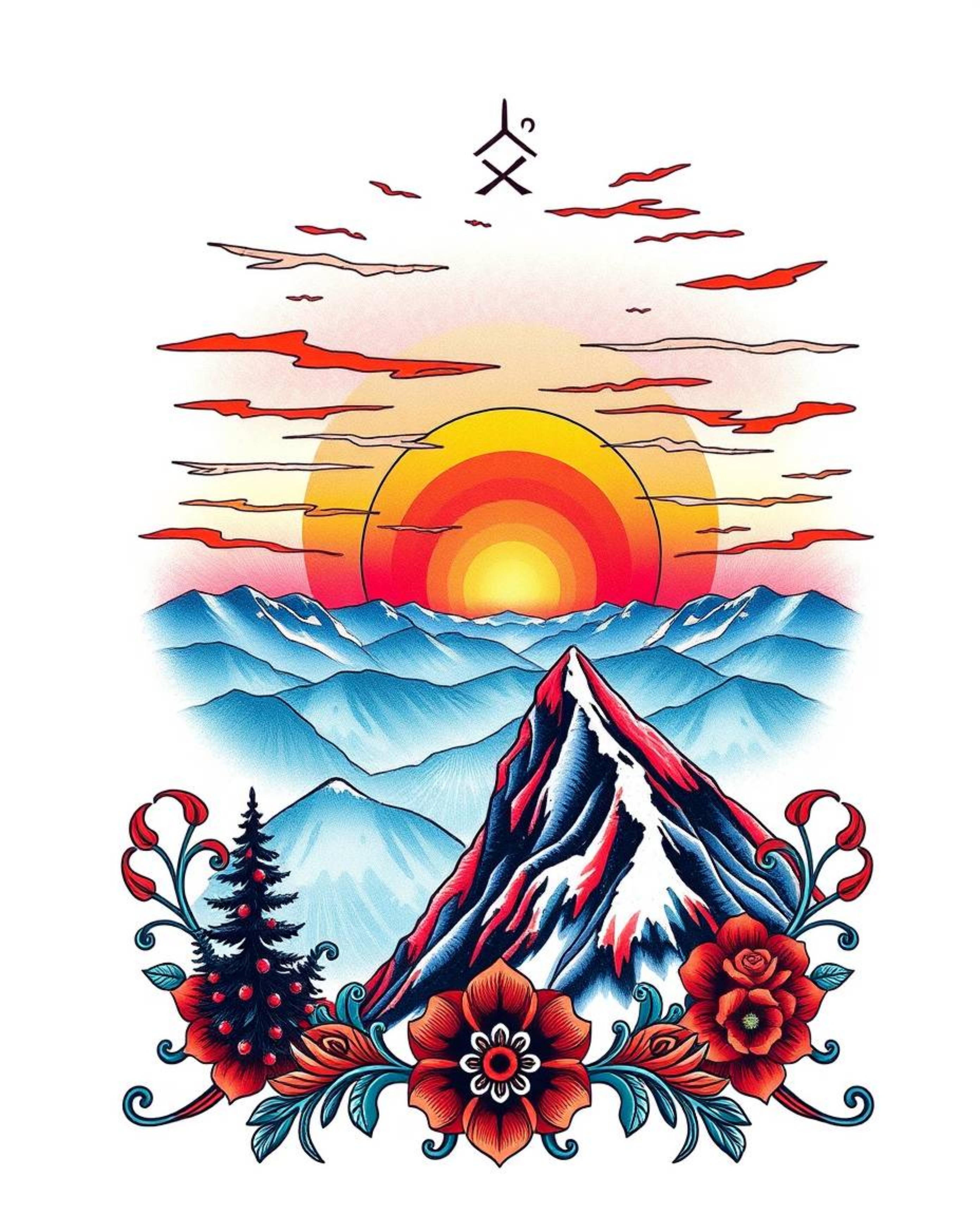 This is a vibrant, retro-style traditional tattoo art print depicting a sunset as viewed from a high alpine peak. The artwork
