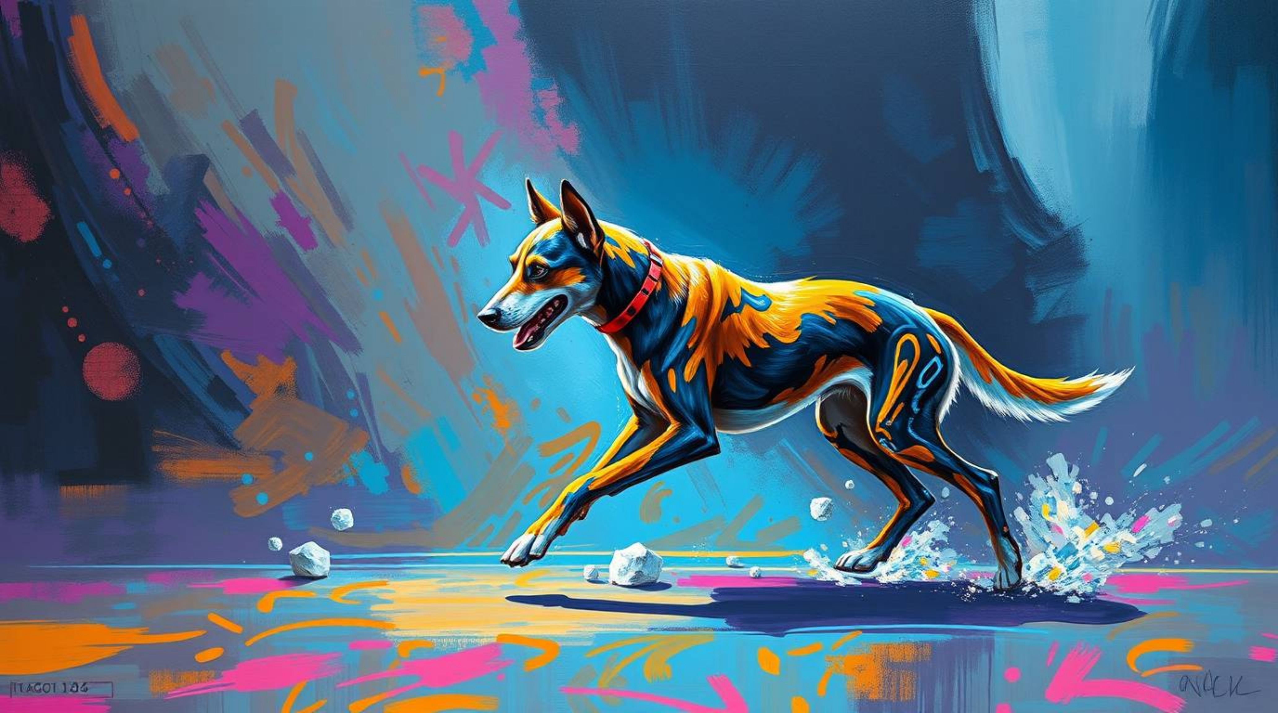 Experience a dramatic cinematic acrylic painting of a futuristic dog confidently walking itself through the vastness of space