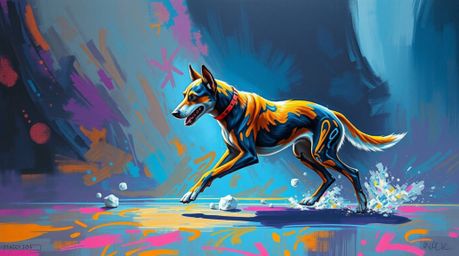 Experience a dramatic cinematic acrylic painting of a futuristic dog confidently walking itself through the vastness of space
