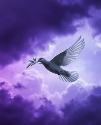 A captivating image of a dove carrying an olive branch, soaring through dramatically stormy skies rendered in deep ultraviole