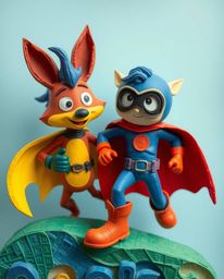 A bright and vibrant papier-mâché artwork depicts a talking animal sidekick assisting a hero on their journey.  The sculpted 