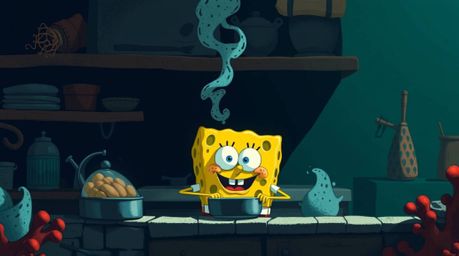This image portrays a sponge character diligently cooking in an enchanting underwater kitchen, rendered in a dramatic chiaros