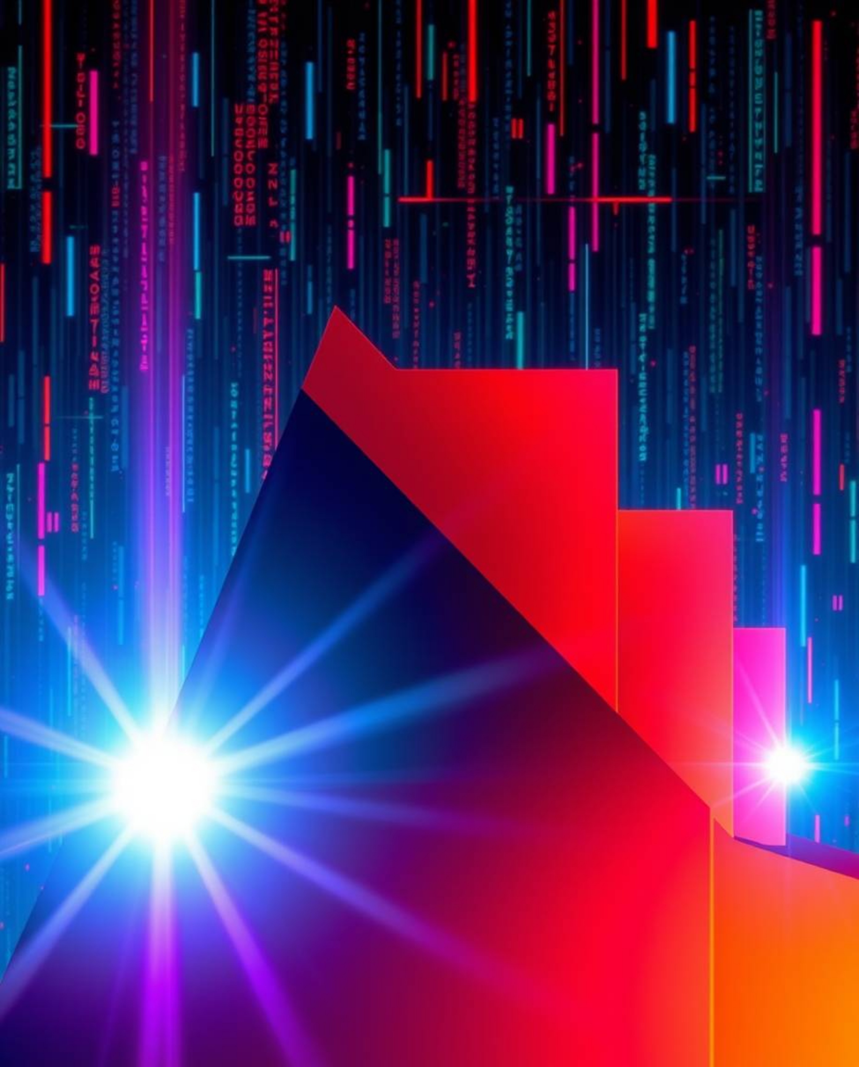 A captivating image showcasing vibrant, contrasting colors and glitched geometric shapes floating within a cyberspace matrix.