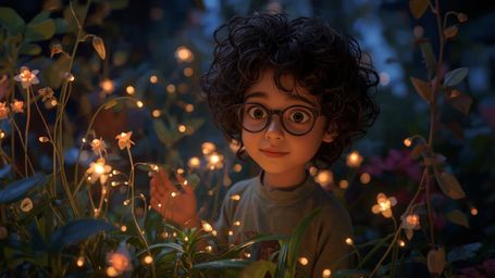This high-resolution, meticulously detailed stock photo, reminiscent of Pixar's iconic style, features a bright-smiled young 
