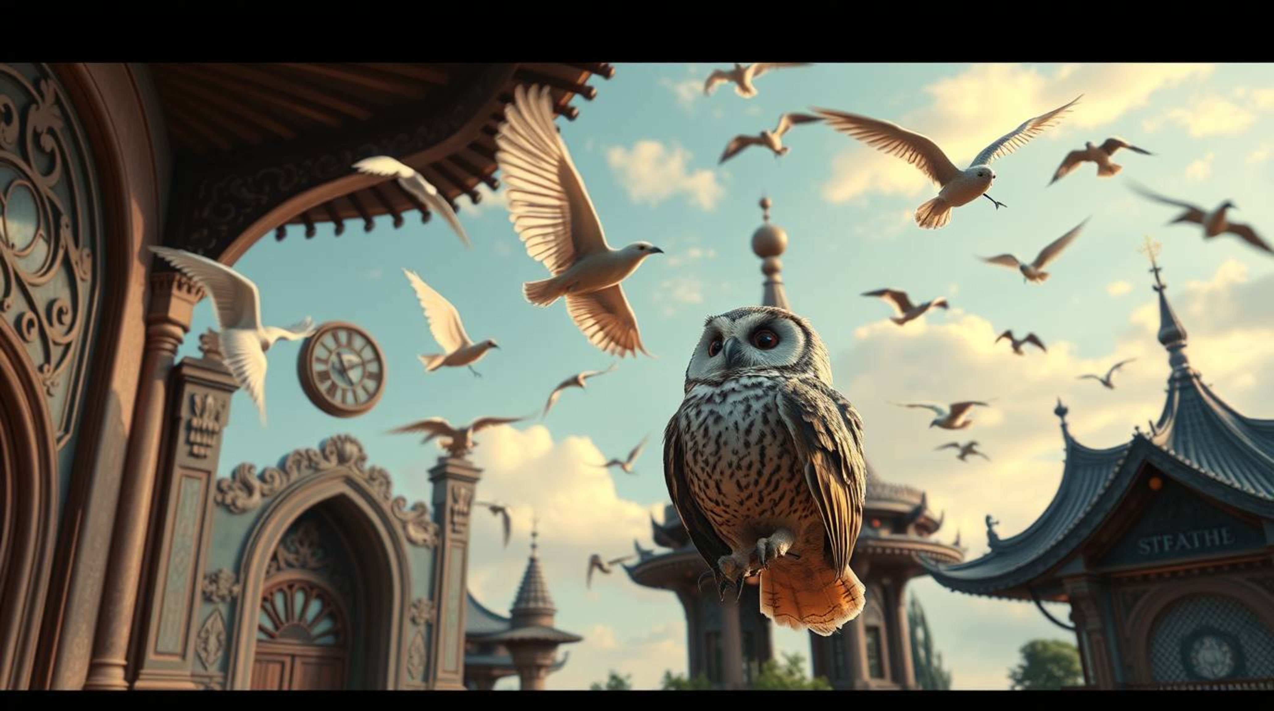 A precise architectural color photograph depicting a dreamlike atmosphere with gentle color contrasts.  Imagine a Pixar-style