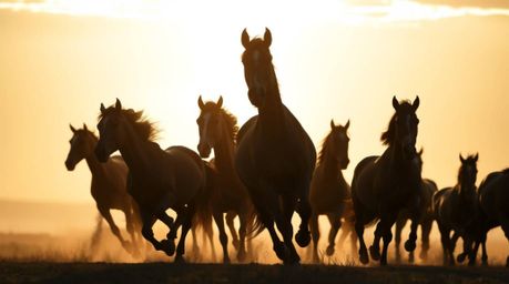 High-resolution stock photo showcasing a herd of wild horses running under a vividly glowing sky, silhouetted by dramatic bac