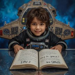 A captivating Pixar-style high fashion photograph depicts a boy with a curious gaze, beaming smile, and warm golden brown ski
