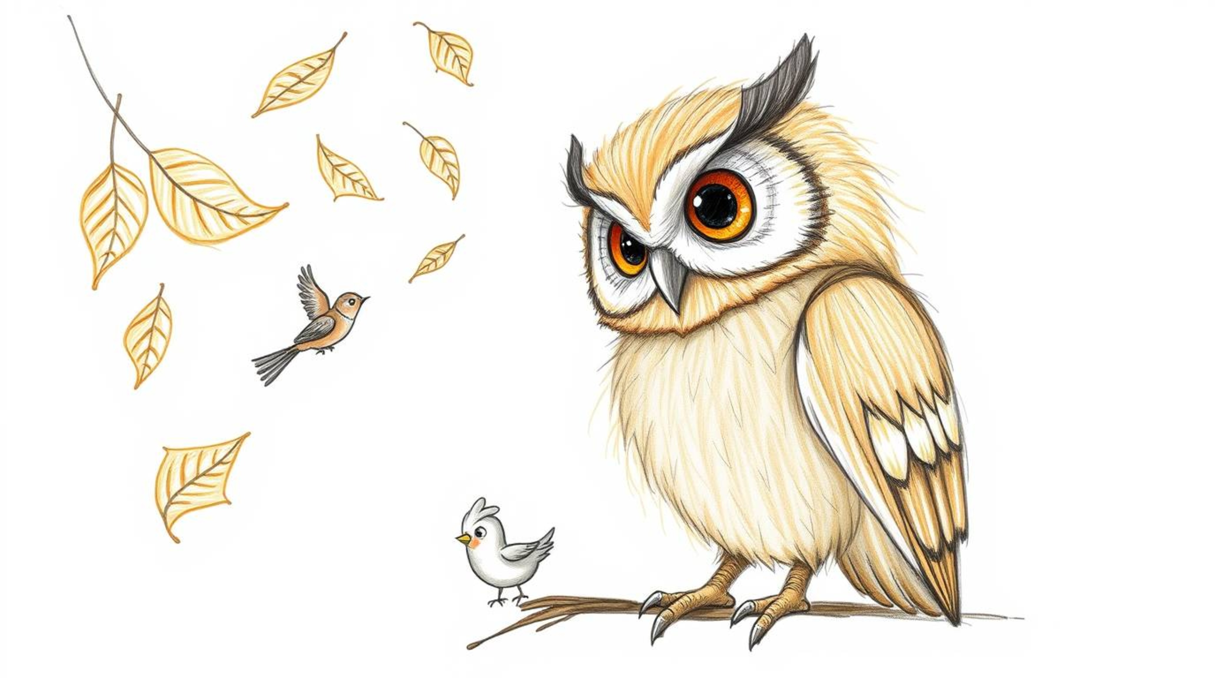 A heartwarming hand-drawn sketch in the style of Pixar portrays a blind owl with gentle, feathery texture, guiding small bird