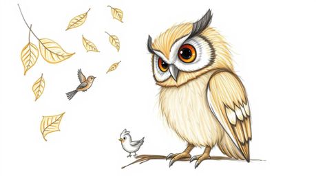 A heartwarming hand-drawn sketch in the style of Pixar portrays a blind owl with gentle, feathery texture, guiding small bird